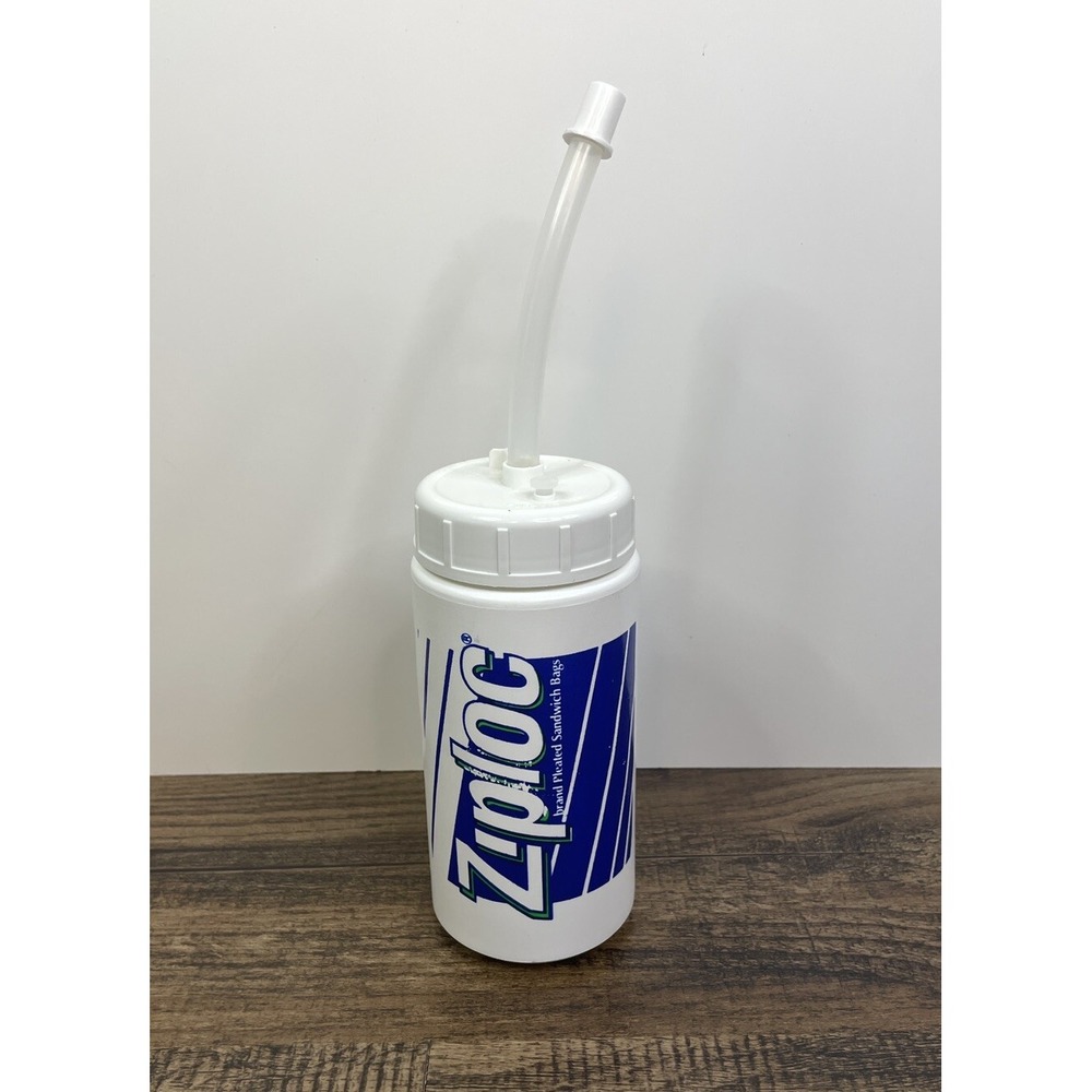 Vintage Small Ziploc Brand Water Bottle With Straw & Stopper Blue White